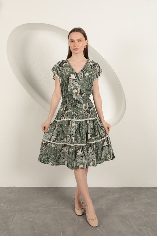 Viskon Etnik Desenli Elbise-Yeşil