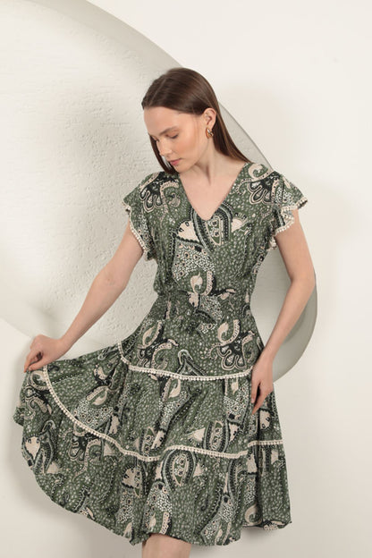 Viskon Etnik Desenli Elbise-Yeşil