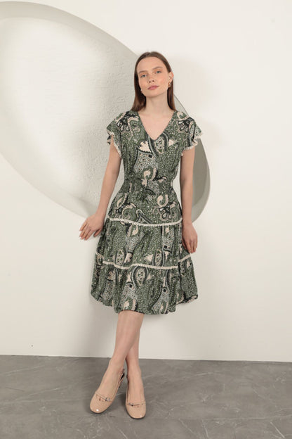 Viskon Etnik Desenli Elbise-Yeşil