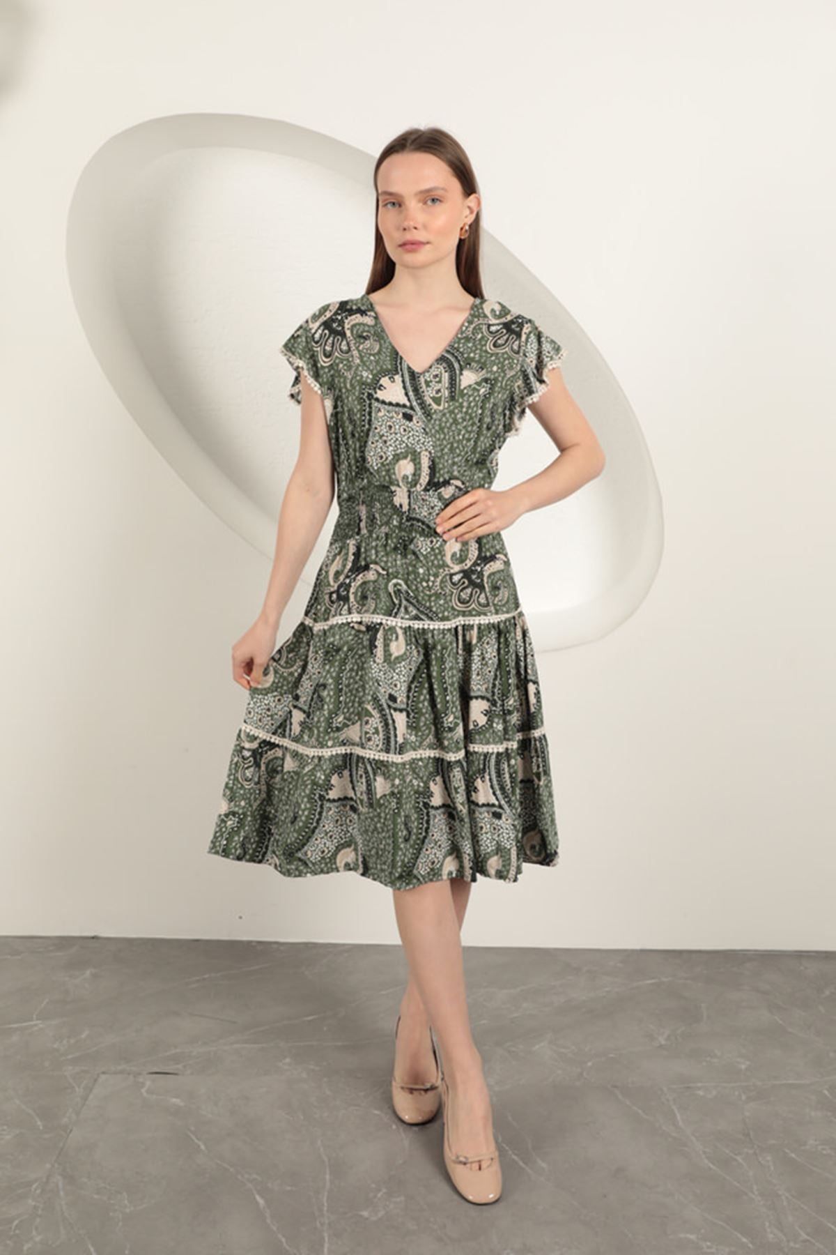 Viskon Etnik Desenli Elbise-Yeşil