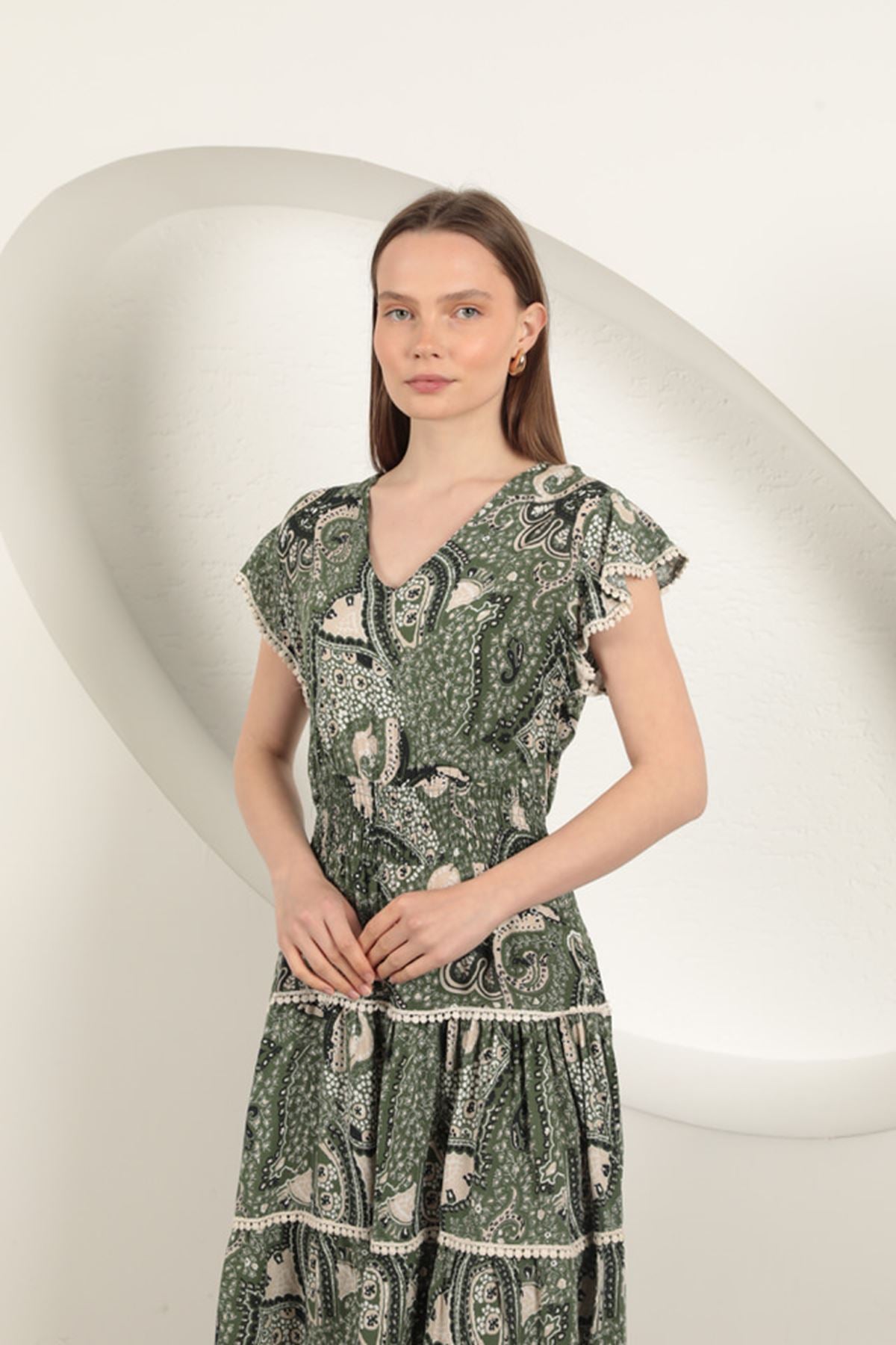 Viskon Etnik Desenli Elbise-Yeşil