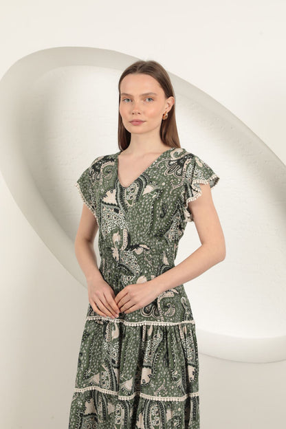 Viskon Etnik Desenli Elbise-Yeşil