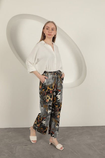 Viskon Kumaş Geniş Kadın Pantolon-Siyah