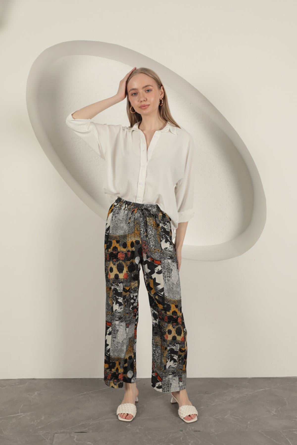 Viskon Kumaş Geniş Kadın Pantolon-Siyah