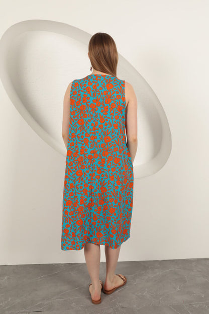 Viskon Kumaş Çiçek Desenli Elbise-Oranj