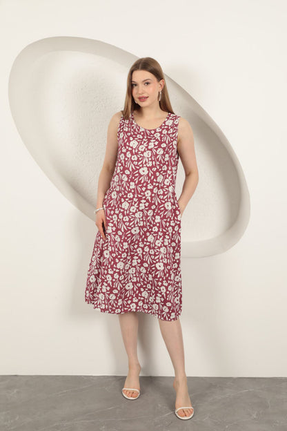 Viskon Kumaş Çiçek Desenli Elbise-Mor