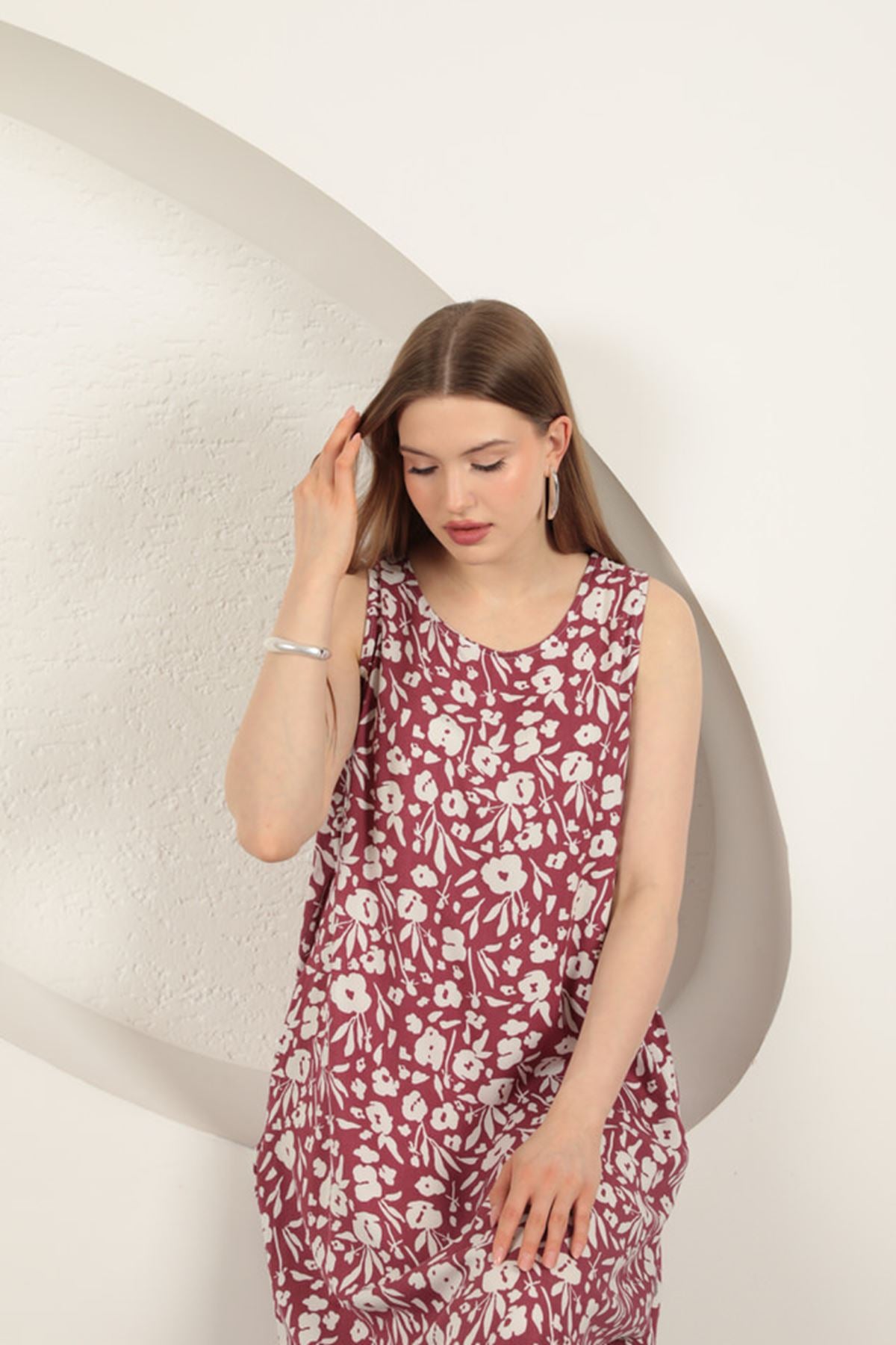 Viskon Kumaş Çiçek Desenli Elbise-Mor