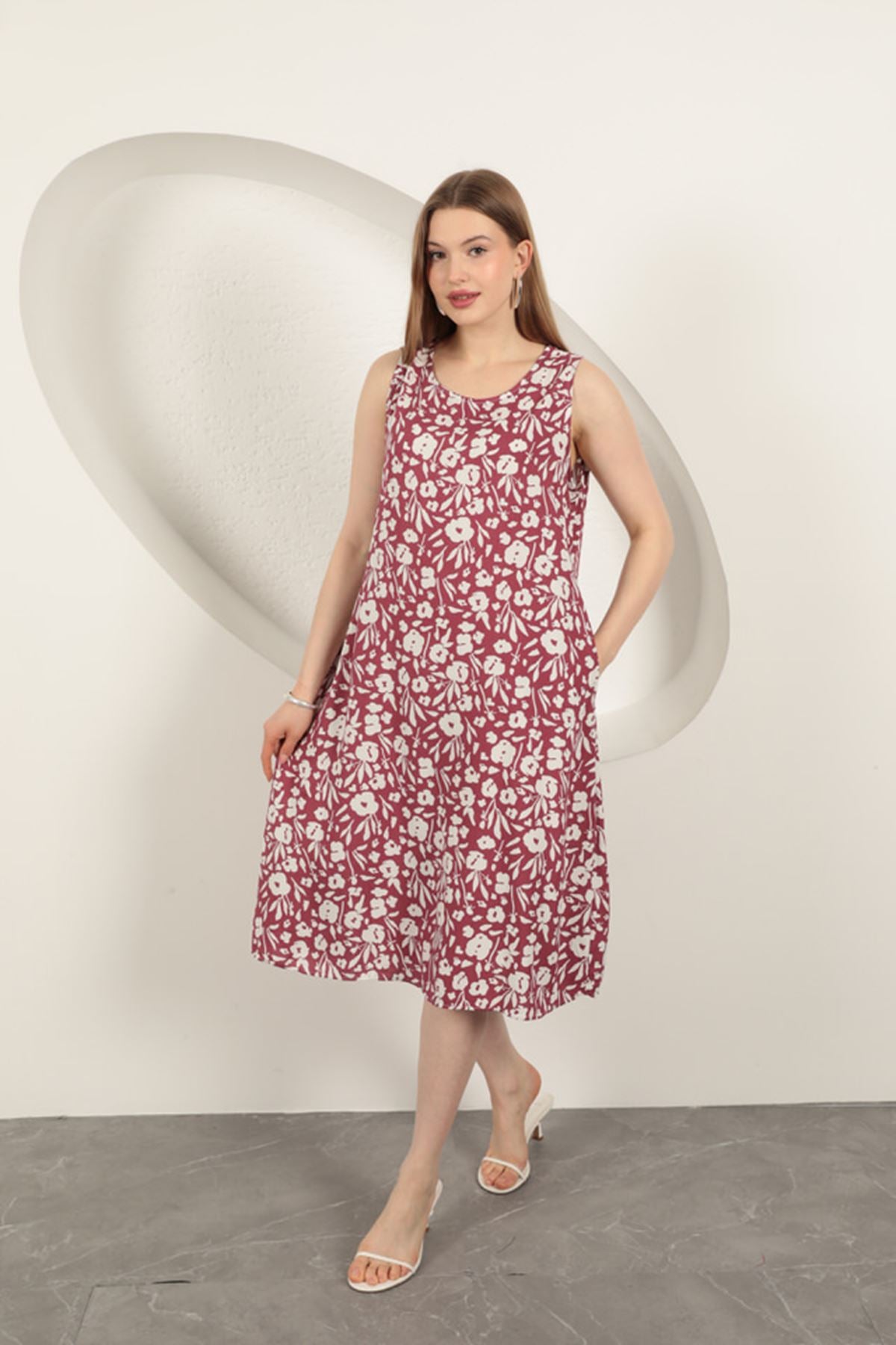 Viskon Kumaş Çiçek Desenli Elbise-Mor