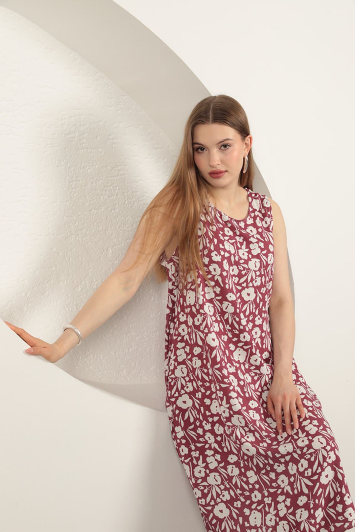 Viskon Kumaş Çiçek Desenli Elbise-Mor