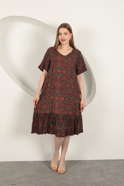 Viskon Kumaş Etnik Elbise-Bordo