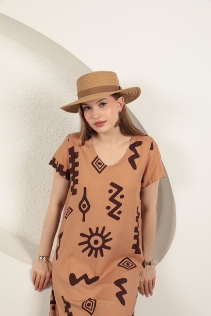 Viskon Kumaş Etnik Elbise-Taba