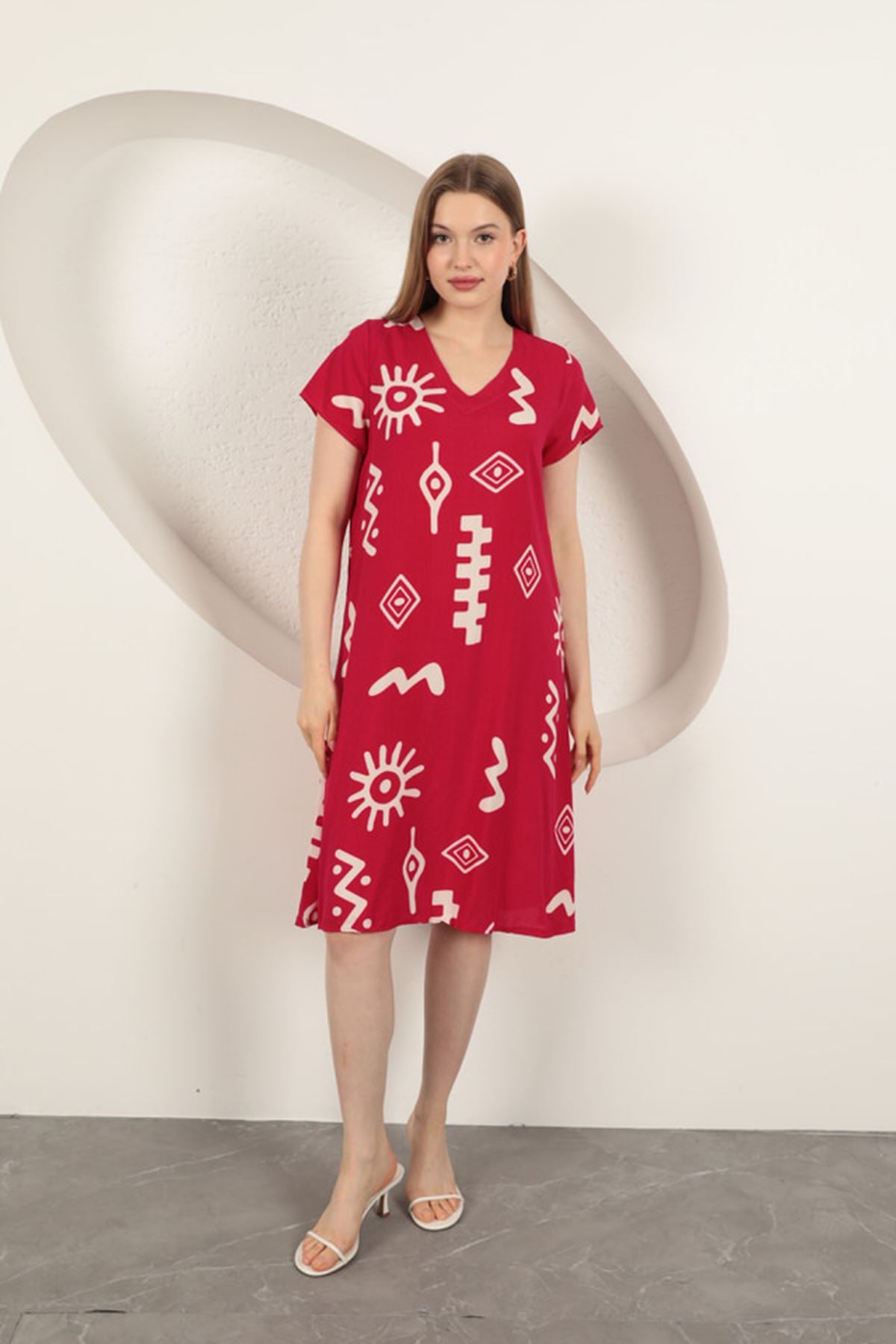 Viskon Kumaş Etnik Elbise-Fuşya