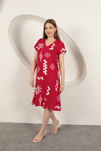 Viskon Kumaş Etnik Elbise-Fuşya