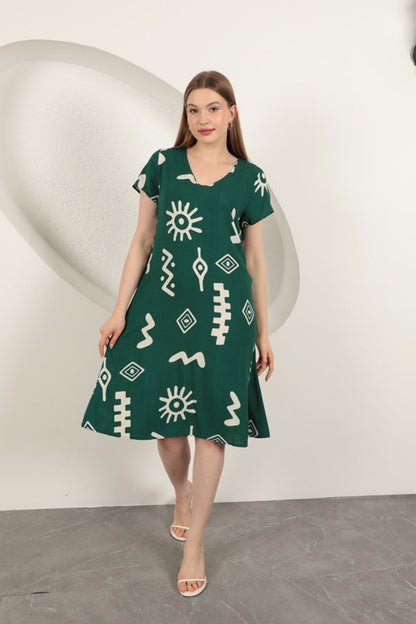 Viskon Kumaş Etnik Elbise-Yeşil