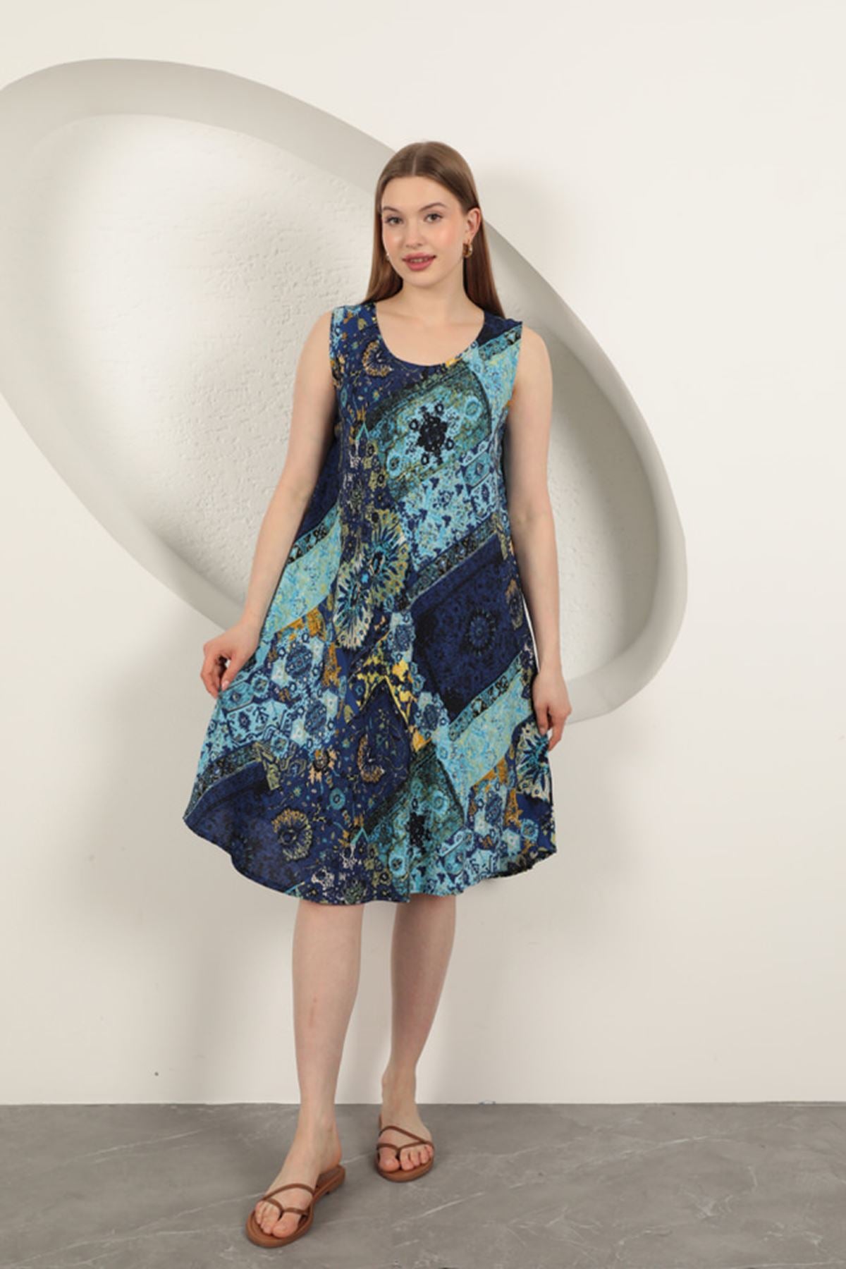 Viskon Kumaş Etnik Desenli Elbise-Saks