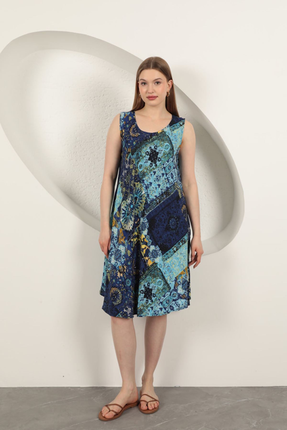 Viskon Kumaş Etnik Desenli Elbise-Saks