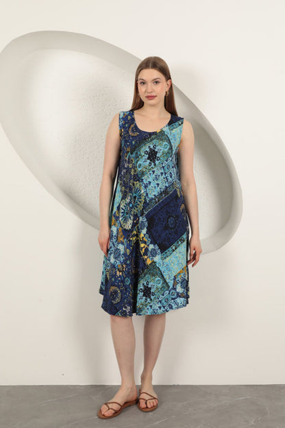 Viskon Kumaş Etnik Desenli Elbise-Saks