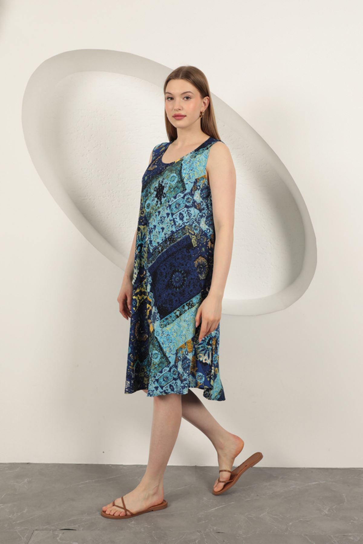 Viskon Kumaş Etnik Desenli Elbise-Saks