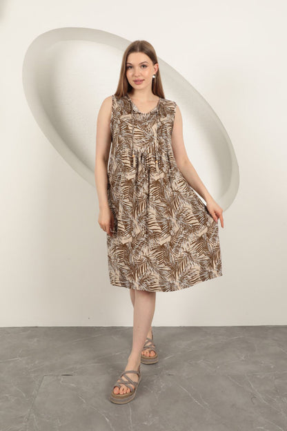 Viskon Kumaş Palmiye Desen Elbise-Kahve