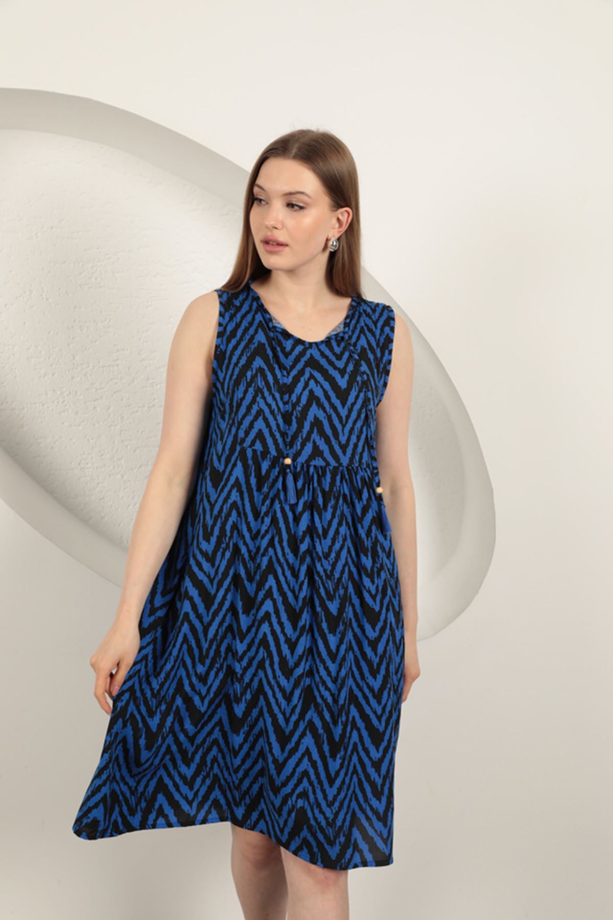 Viskon Kumaş Çizgili Elbise-Saks