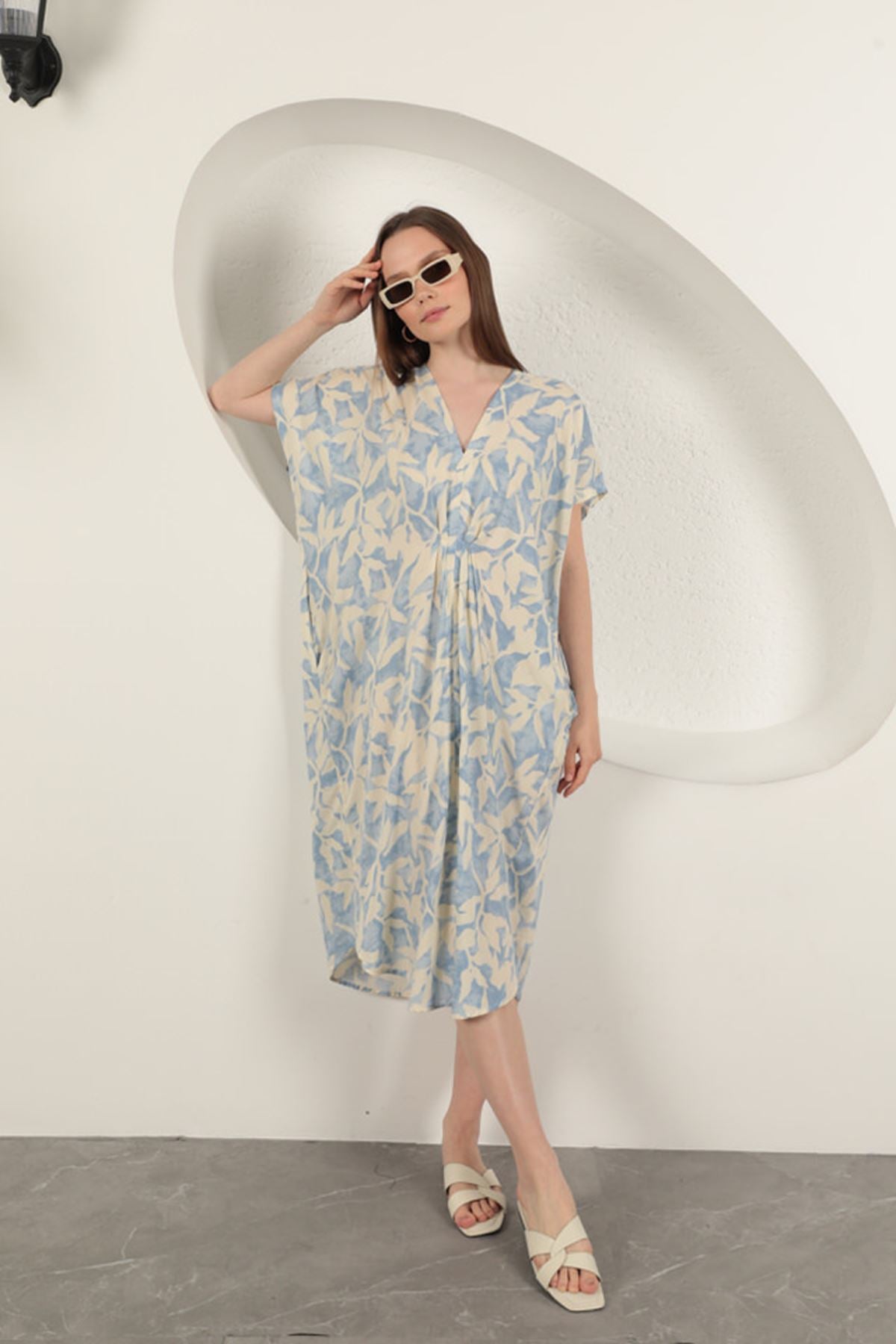 Viskon Kumaş Desenli Elbise-Mavi