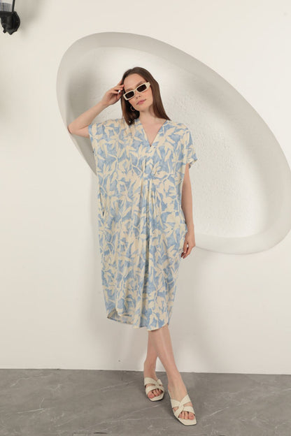 Viskon Kumaş Desenli Elbise-Mavi
