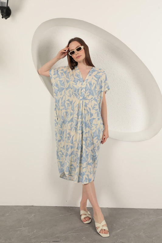 Viskon Kumaş Desenli Elbise-Mavi