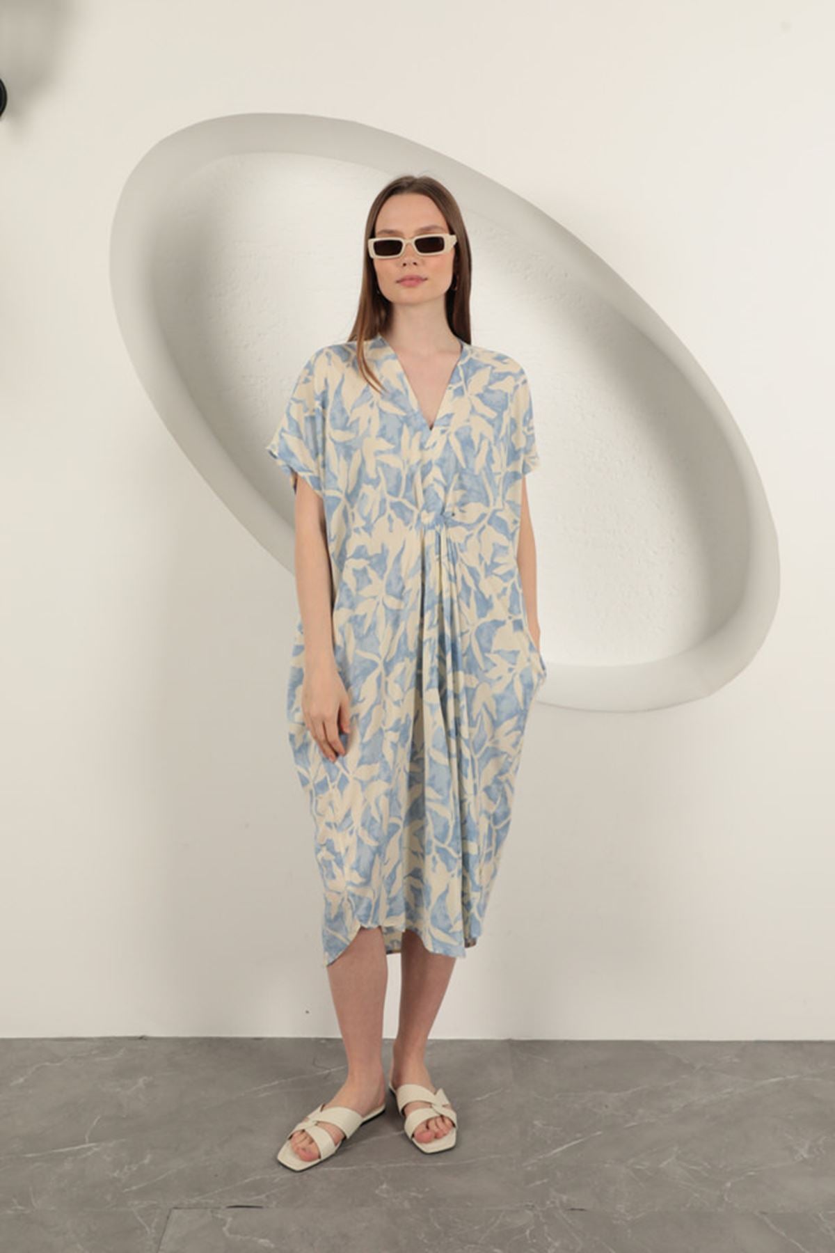 Viskon Kumaş Desenli Elbise-Mavi