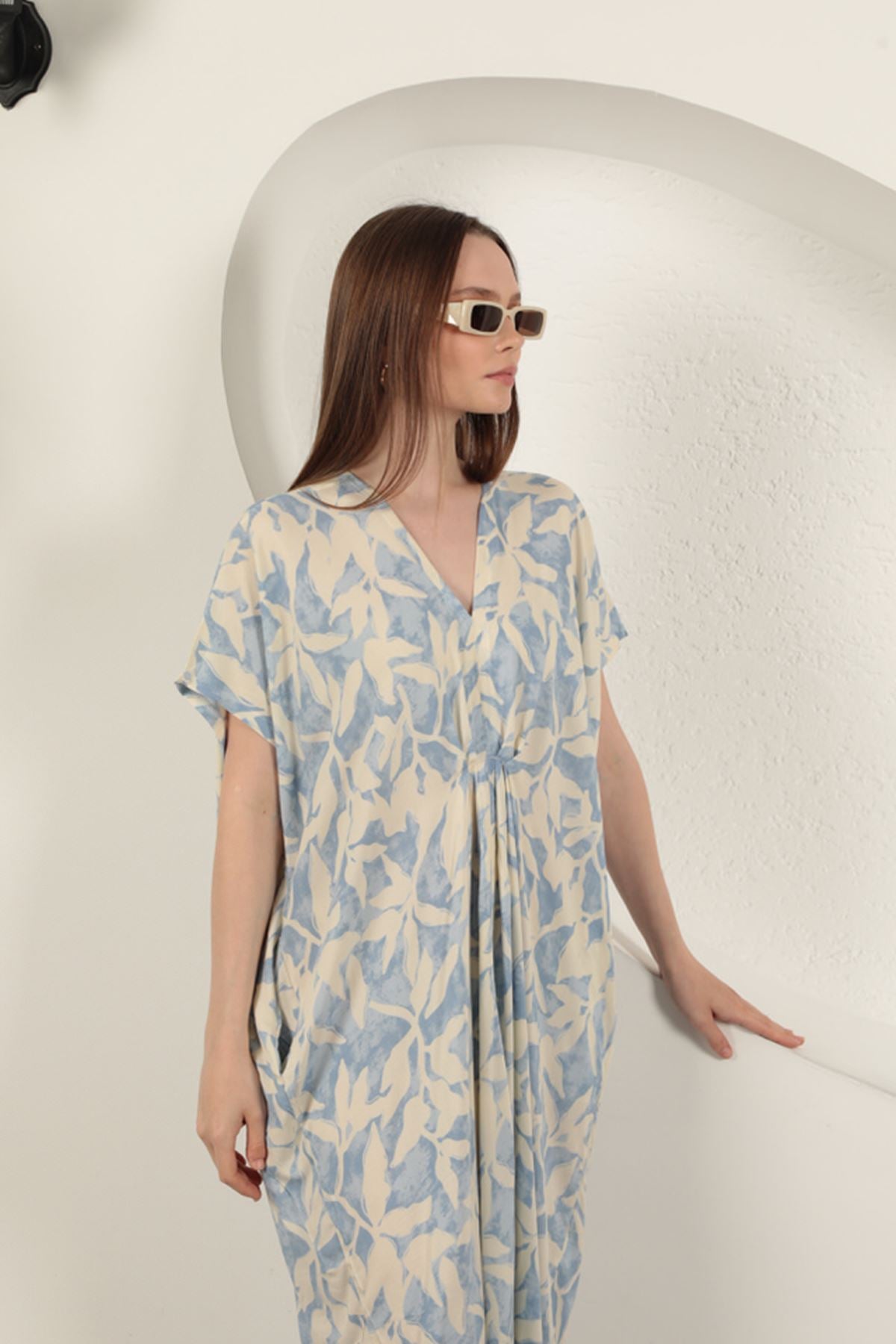 Viskon Kumaş Desenli Elbise-Mavi