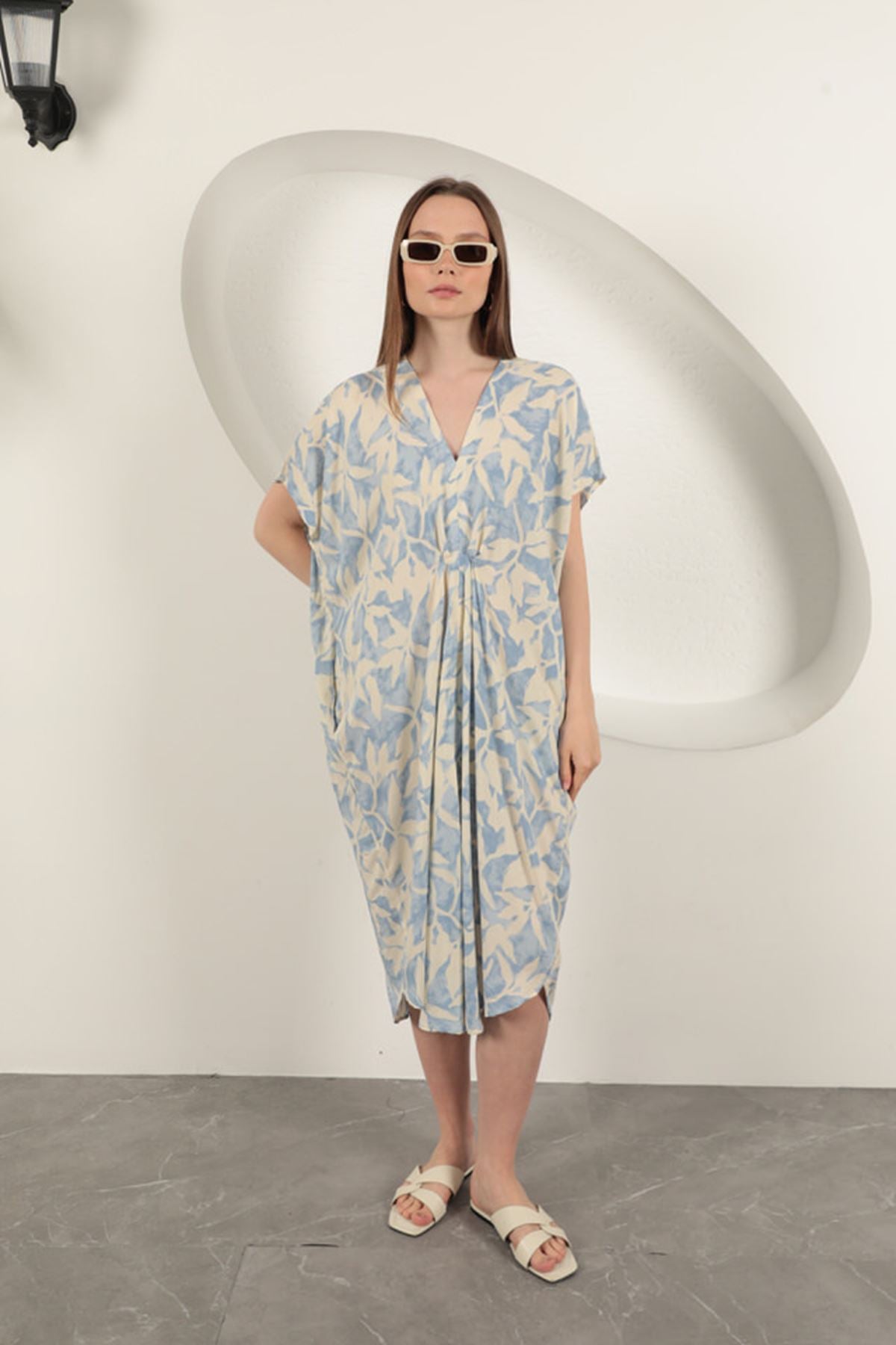 Viskon Kumaş Desenli Elbise-Mavi