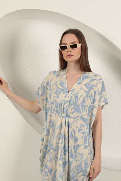 Viskon Kumaş Desenli Elbise-Mavi