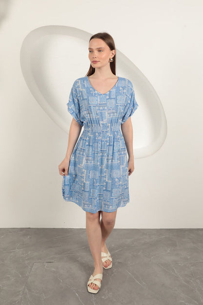 Viskon Kumaş Gipeli Elbise-Mavi