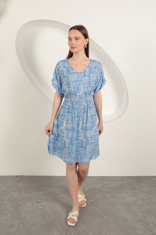 Viskon Kumaş Gipeli Elbise-Mavi