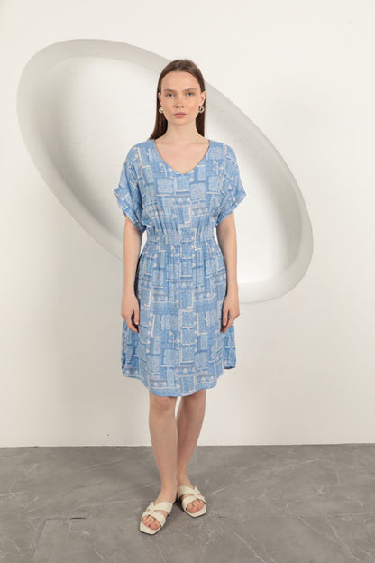 Viskon Kumaş Gipeli Elbise-Mavi