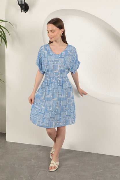 Viskon Kumaş Gipeli Elbise-Mavi