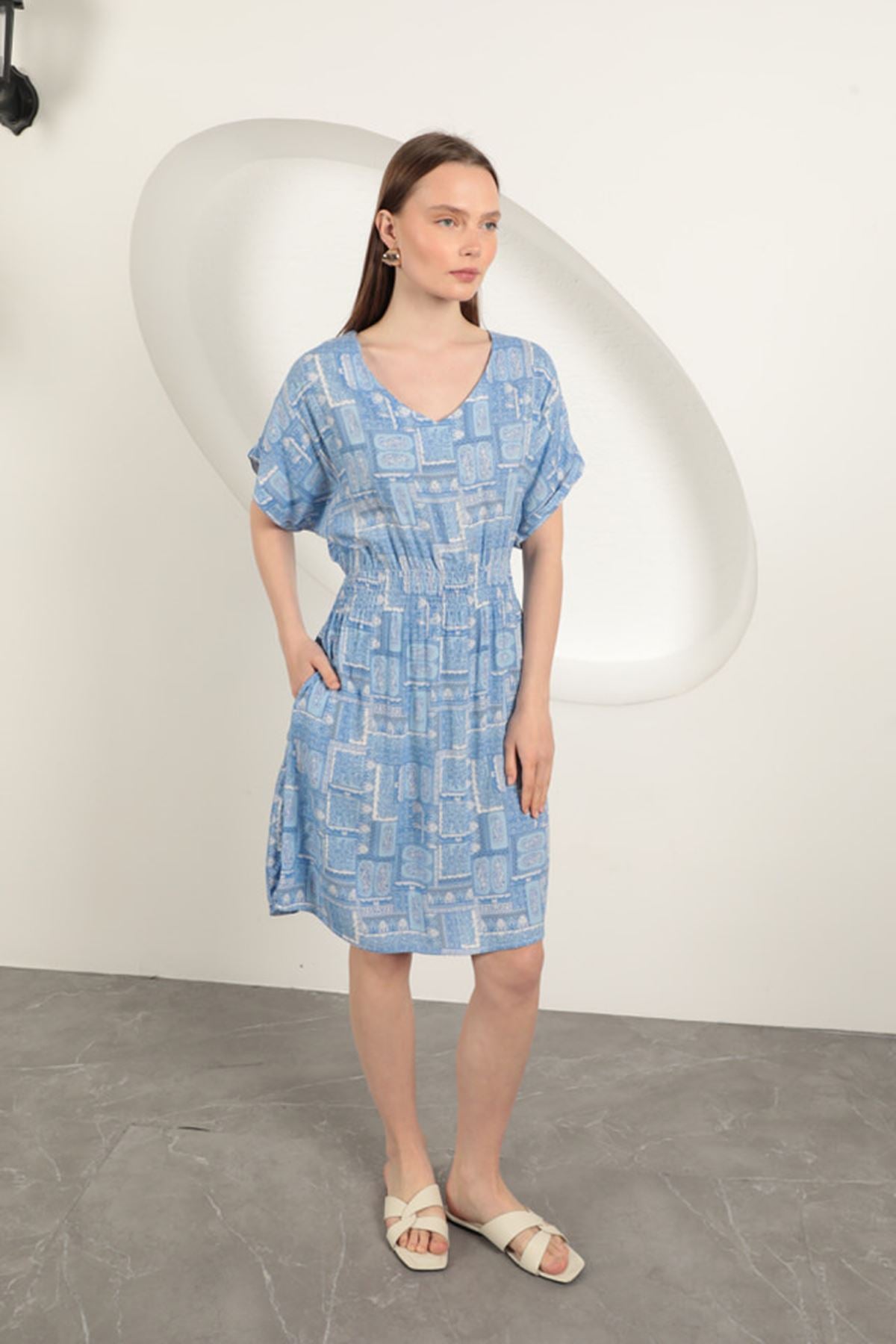 Viskon Kumaş Gipeli Elbise-Mavi