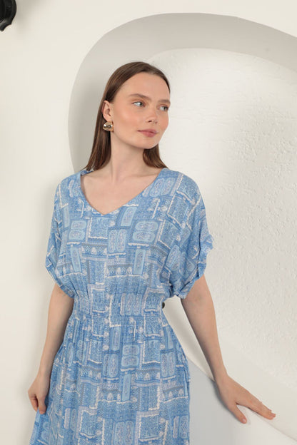 Viskon Kumaş Gipeli Elbise-Mavi