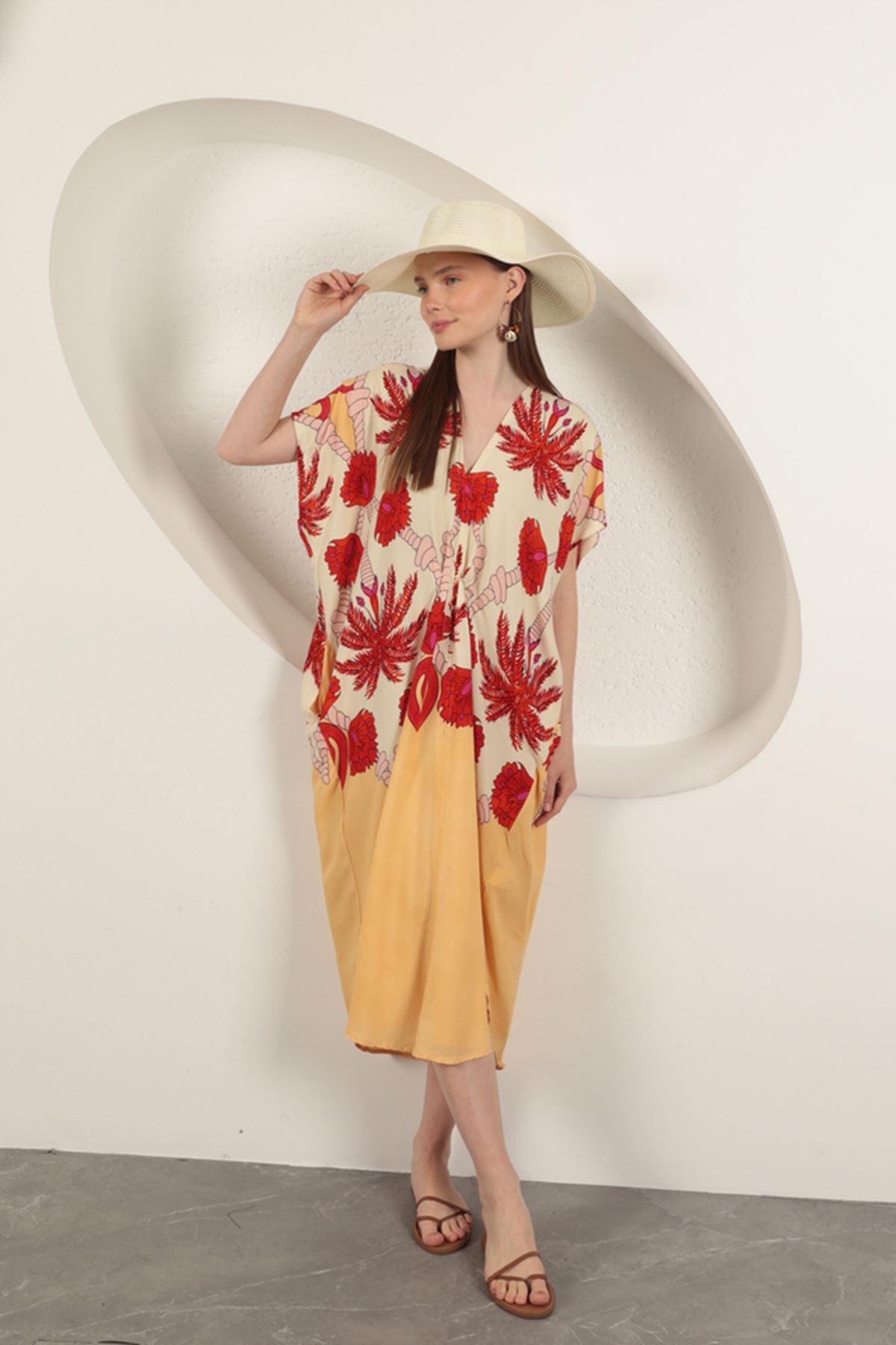 Viskon Kumaş Desenli Elbise-Ekru