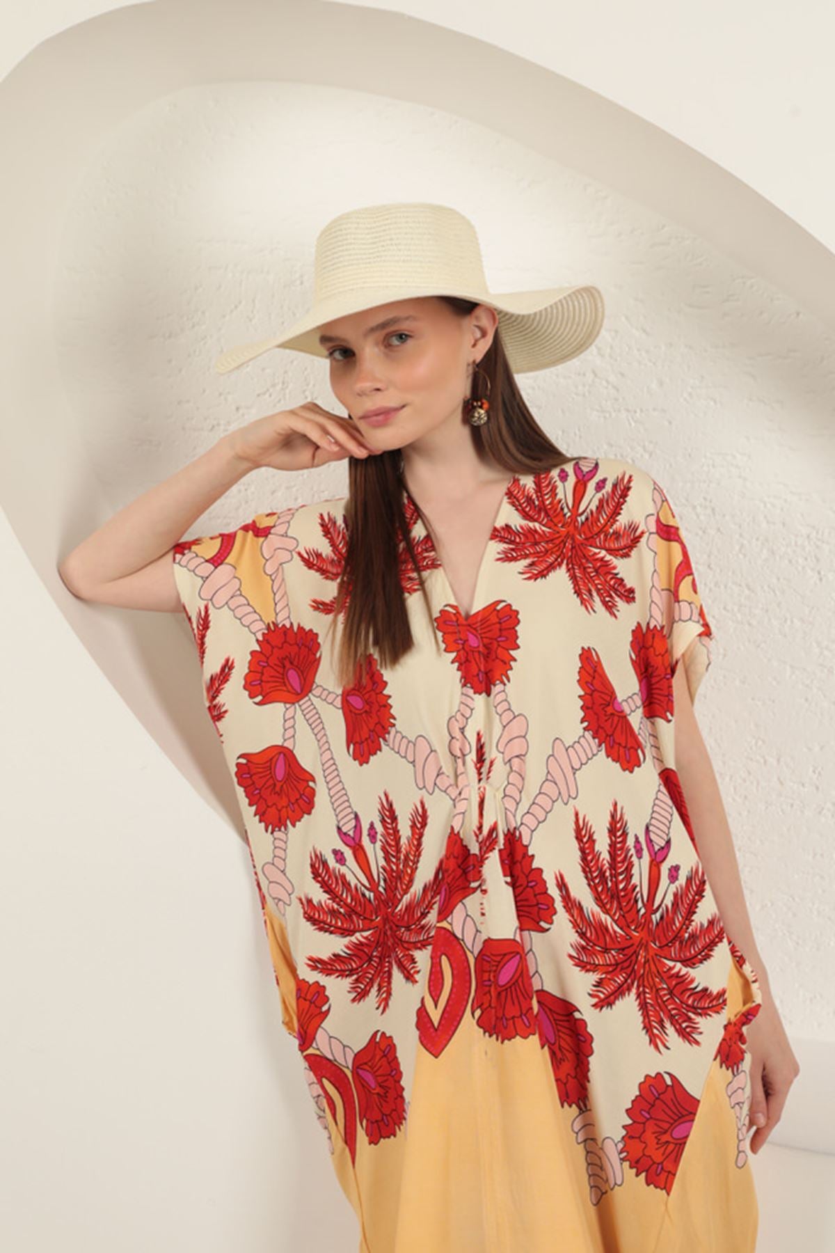 Viskon Kumaş Desenli Elbise-Ekru