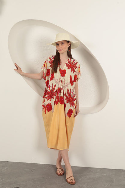 Viskon Kumaş Desenli Elbise-Ekru