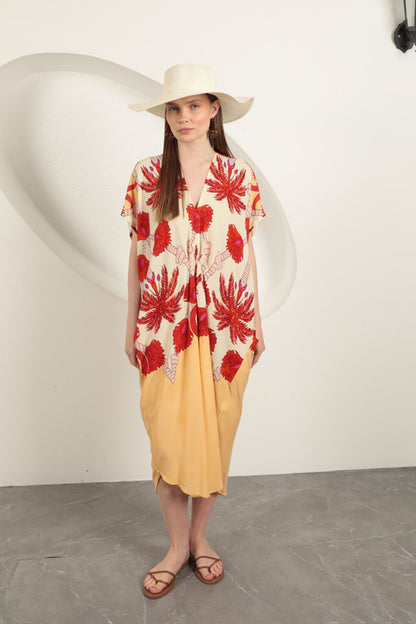 Viskon Kumaş Desenli Elbise-Ekru