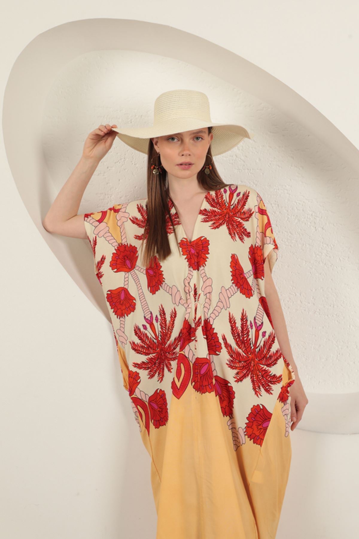 Viskon Kumaş Desenli Elbise-Ekru