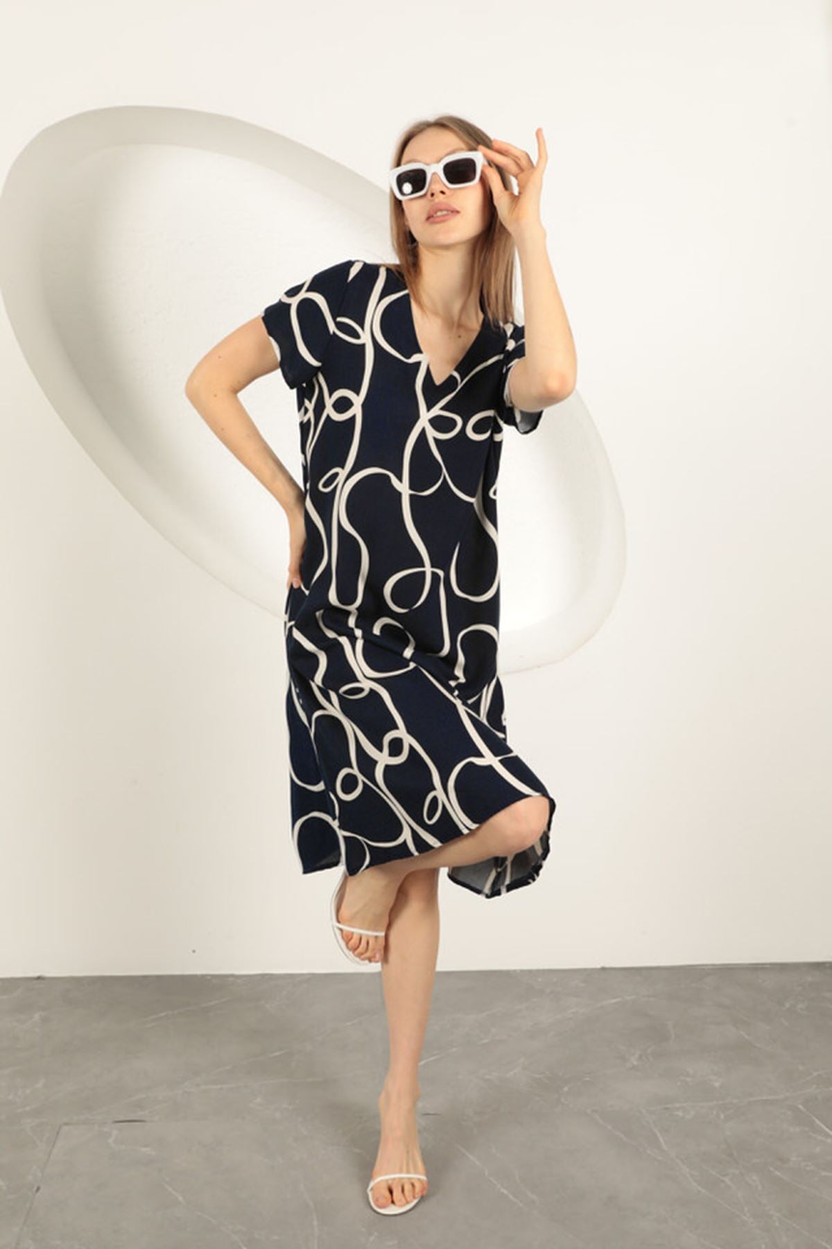 Viskon Kumaş Çizgi Desenli Elbise-Lacivert