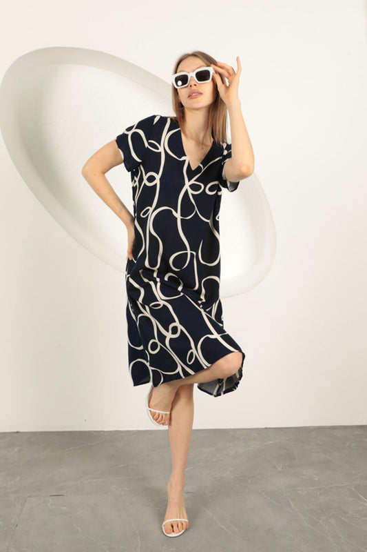 Viskon Kumaş Çizgi Desenli Elbise-Lacivert