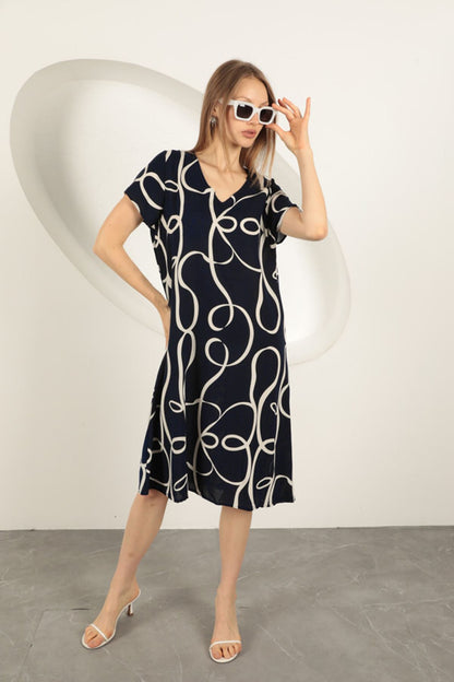 Viskon Kumaş Çizgi Desenli Elbise-Lacivert