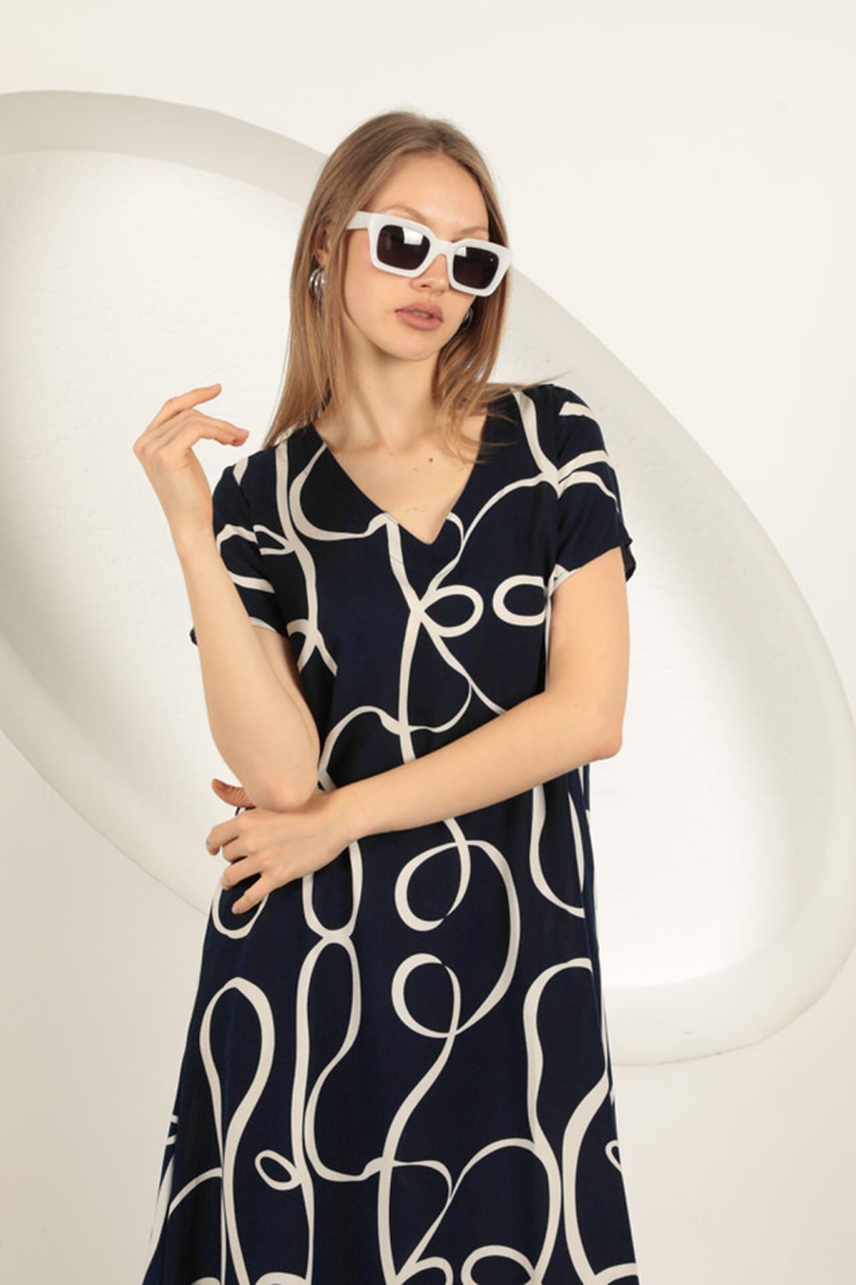 Viskon Kumaş Çizgi Desenli Elbise-Lacivert