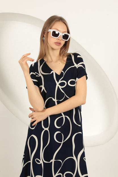 Viskon Kumaş Çizgi Desenli Elbise-Lacivert