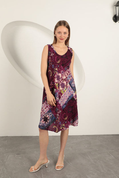 Viskon Kumaş Etnik Desenli Elbise-Mor