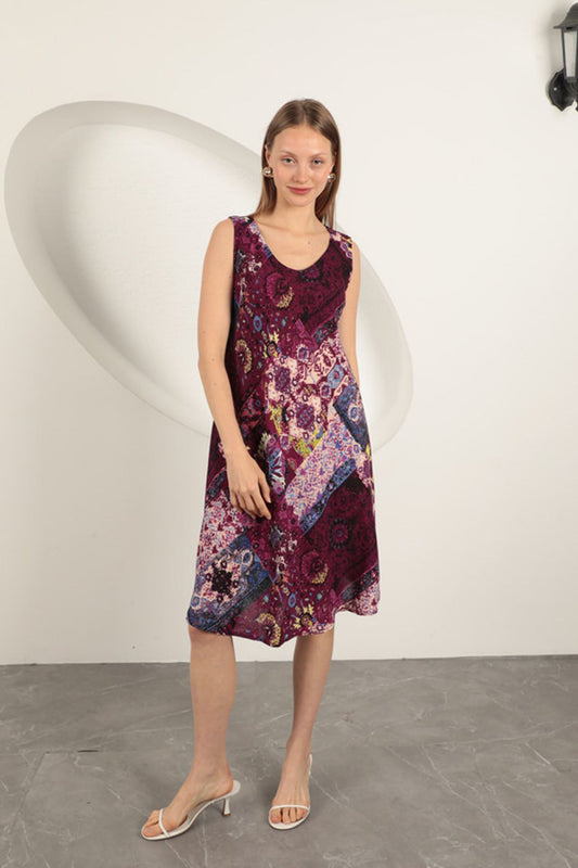 Viskon Kumaş Etnik Desenli Elbise-Mor