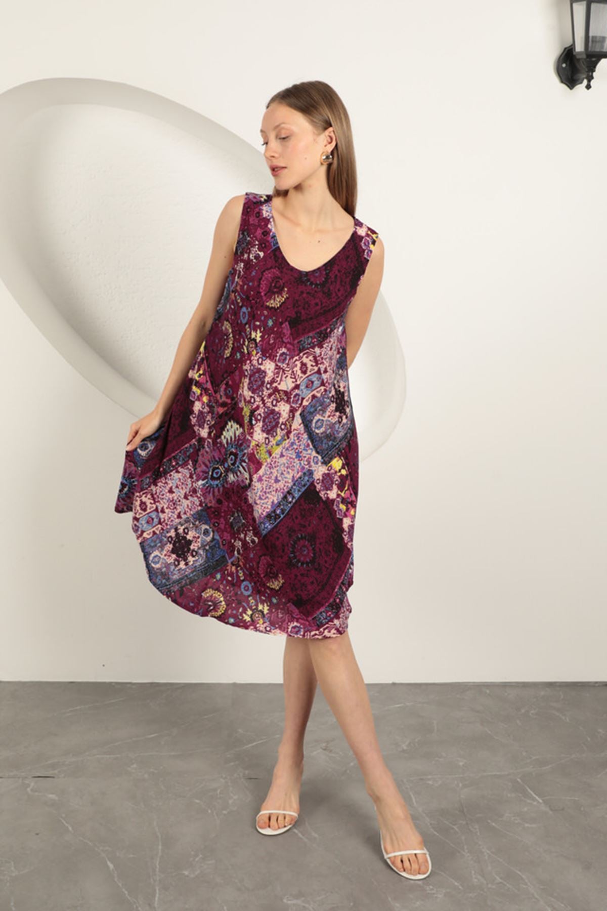 Viskon Kumaş Etnik Desenli Elbise-Mor